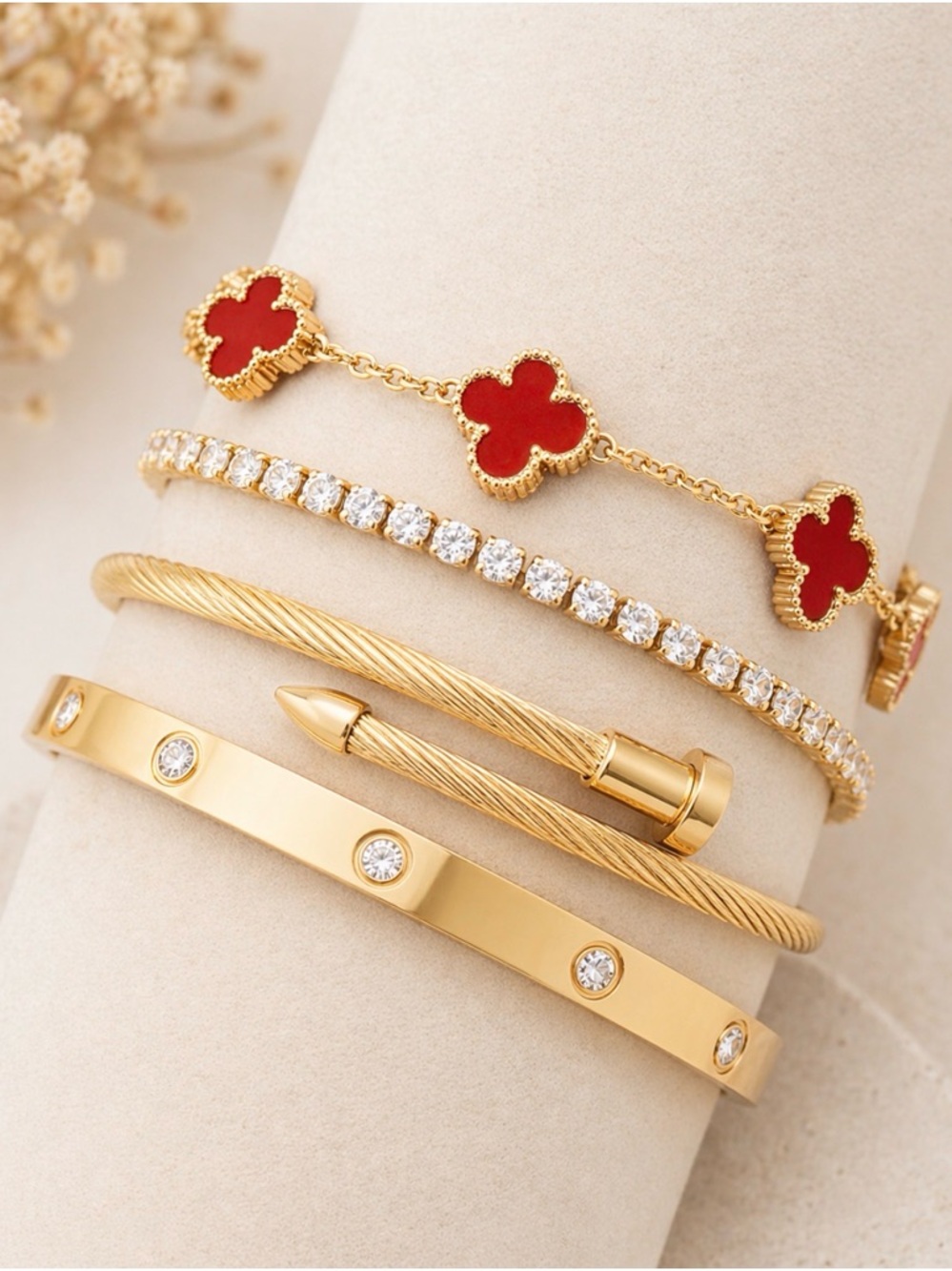 Gold Plated Red Clover Charm Bracelet Stack